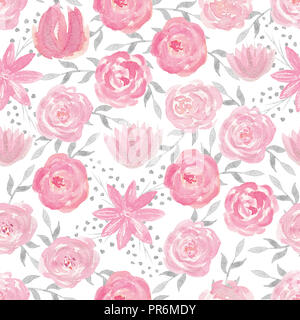 Seamless pattern with hand painted watercolor roses in pastel pink and silver colors. Romantic floral background perfect for fabric textile, vintage p Stock Photo