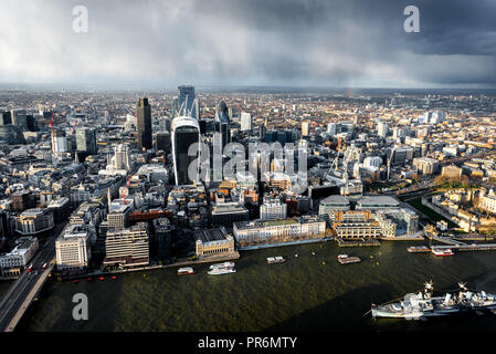 Elevated view of The City of London on a rainy Spring afternoon. Stock Photo