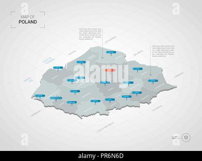Isometric  3D Poland map. Stylized vector map illustration with cities, borders, capital, administrative divisions and pointer marks; gradient backgro Stock Vector