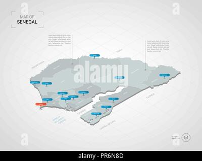Isometric  3D Senegal map. Stylized vector map illustration with cities, borders, capital, administrative divisions and pointer marks; gradient backgr Stock Vector