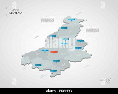 Isometric  3D Slovenia map. Stylized vector map illustration with cities, borders, capital, administrative divisions and pointer marks; gradient backg Stock Vector