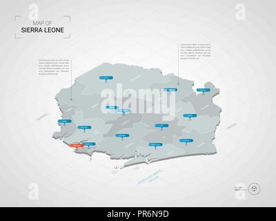 Isometric  3D Sierra Leone map. Stylized vector map illustration with cities, borders, capital, administrative divisions and pointer marks; gradient b Stock Vector