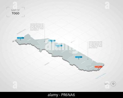 Isometric  3D Togo map. Stylized vector map illustration with cities, borders, capital, administrative divisions and pointer marks; gradient backgroun Stock Vector