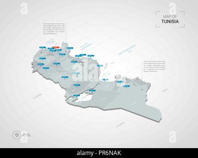 Isometric  3D Tunisia map. Stylized vector map illustration with cities, borders, capital, administrative divisions and pointer marks; gradient backgr Stock Vector