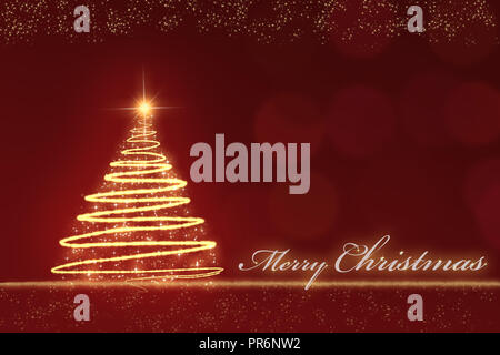 golden sparkling Christmas tree against a red blurred background with golden snowflakes and the text Merry Christmas Stock Photo