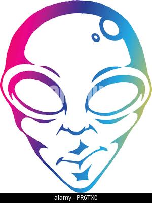 Illustration of Rainbow Colored Vectorized Ink Sketch of Alien Face isolated on a White Background Stock Vector