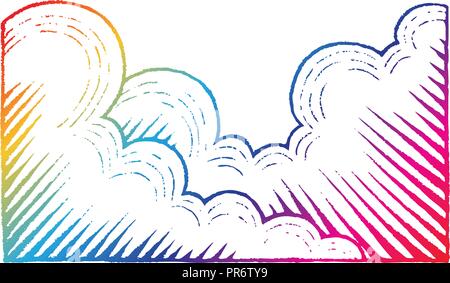 Illustration of Rainbow Colored Vectorized Ink Sketch of Clouds isolated on a White Background Stock Vector