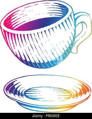 Illustration of Rainbow Colored Vectorized Ink Sketch of Coffee Cup isolated on a White Background Stock Vector