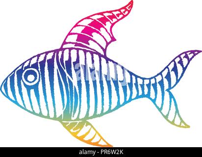 Illustration of Rainbow Colored Vectorized Ink Sketch of Fish isolated on a White Background Stock Vector