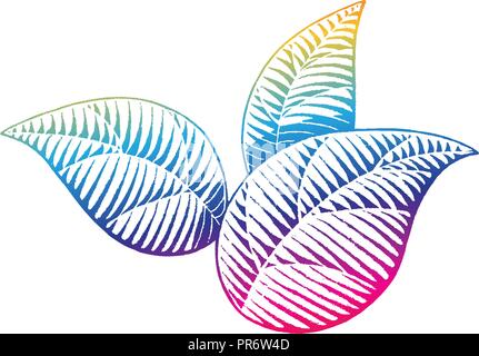 Illustration of Rainbow Colored Vectorized Ink Sketch of Leaves isolated on a White Background Stock Vector