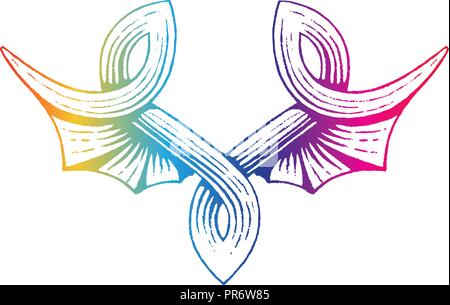 Illustration of Rainbow Colored Vectorized Ink Sketch of Wings isolated on a White Background Stock Vector