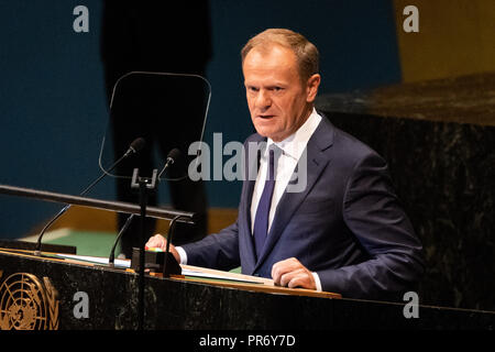 Donald Tusk, President of the European Council seen speaking at the United Nations General Assembly General Debate at the United Nations in New York City. Stock Photo