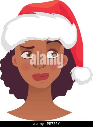 Christmas woman in santa claus hat. Emotions of african american woman face. Facial expression vector illustration Stock Vector