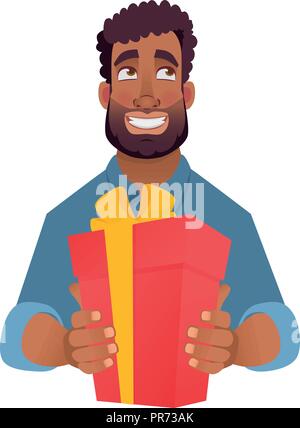 Businessman gives a gift. African american man giving valentine gift. African man holding red present box Stock Vector