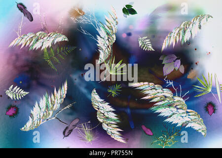 Abstract image: on a beautiful pastel background colored feathers and leaves of plants. Stock Photo