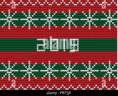 Knitting new year pattern with snow flakes ornament and numeral 2019 on striped red and green knitted background. Vector illustration, greeting card,  Stock Vector