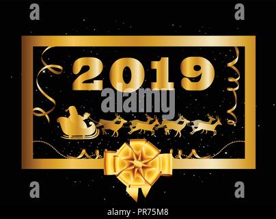 Vector 2019 Happy New Year and Christmas background with golden gift bow and Santa Claus riding on sledge decorated with tinsel and confetti inside of Stock Vector