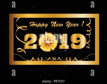 Vector 2019 Happy New Year background with golden gift bow inside of golden frame decorated with confetti, tinsel and beads. Vector illustration, temp Stock Vector