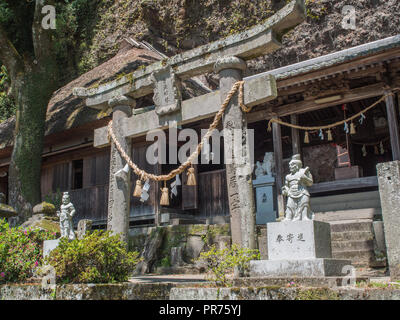 Nio temple guardians, and torii gate, at entrance to Tennenji  temple, Kunisaki Peninsula, Oita, Kyushu,  Japan Stock Photo