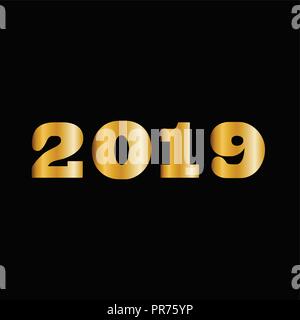 2019 Happy new year. Golden numbers for greeting card design. Massive gold shining 2018 numbers isolated on black background. Vector illustration, ele Stock Vector
