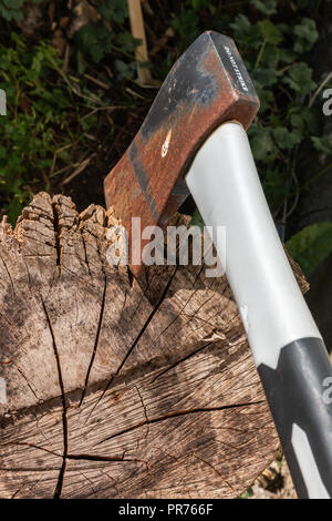 Close up of a rusty axe resting in a block of wood Stock Photo