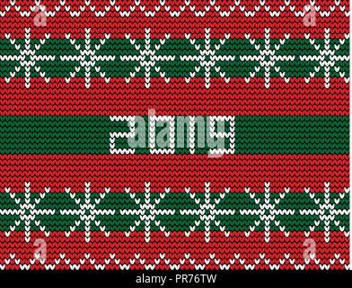 Knitting new year pattern with snow flakes ornament and numeral 2019 on striped red and green knitted background. Vector illustration, greeting card,  Stock Vector