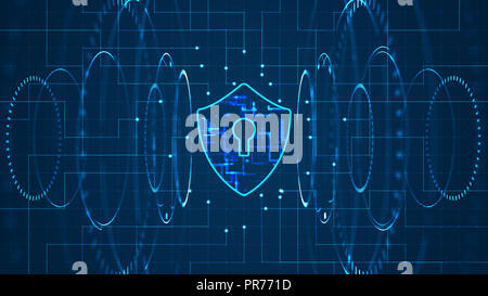 Cyber security concept: Shield With Keyhole icon on digital data background. . Blue abstract hi speed internet technology. Stock Photo