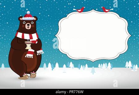 Vector illustration of cute cartoon bear in santa hat and striped scarf holding cup on snowy background with snowflakes and empty copy space. Christma Stock Vector