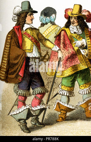 The Figures represented here are all French people living in the 17th century, specifically between 1600 and 1670. They are, from left to right, three lords of the court. The illustration dates to 1882. Stock Photo