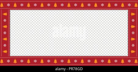 Cute Christmas or new year rectangle banner, border, frame with bells and snowflakes pattern isolated on transparent background. Vector illustration,  Stock Vector