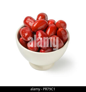Single bowl with red Italan Bella olives isolated on white background Stock Photo