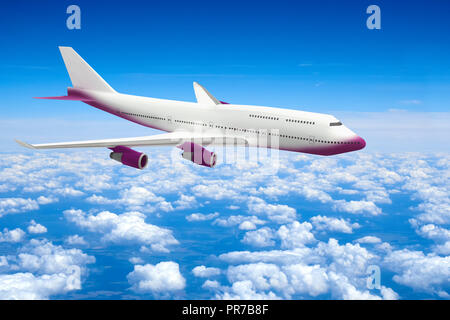 civilian passengers airplane 3d model flying over clouds Stock Photo