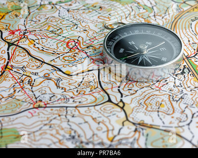 compass on orienteering map Stock Photo