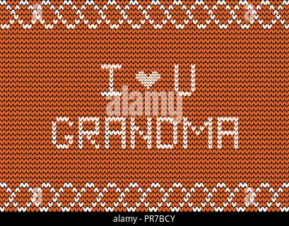 I love you grandma white knitted fabric script inscription on orange knitting background with wavy ornament. Happy grandparents day greeting card for  Stock Vector