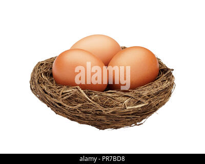Brown Eggs in the nest isolated on white Stock Photo
