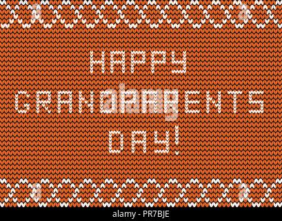 Happy grandparents day white knitted fabric script inscription on orange knitting background with wavy ornament. Greeting card for grandmother and gra Stock Vector