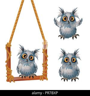 Cute fluffy grey owl sits on a swinging perch isolated on white background. Sketch for a poster or celebration card for the holiday of all evil spirits Halloween. Vector cartoon close-up illustration. Stock Vector
