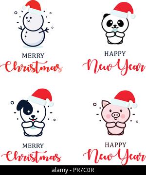 Set of Christmas tree toys, vector icons. Template for logo, greeting card, flyer, posters and banners. Cartoon style cute characters in Santa Claus hat. Vector illustrations on blank background. Stock Vector