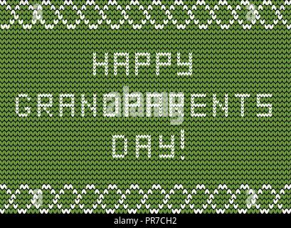 Happy grandparents day white knitted fabric script inscription on green knitting background with wavy ornament. Greeting card for grandmother and gran Stock Vector