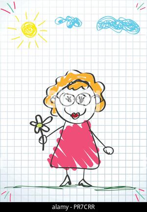 Colorful pencil doodle hand drawing style vector illustration of old woman in glasses and pink dress holding flower on squared notebook sheet backgrou Stock Vector