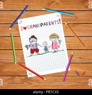 Children colorful hand drawn vector greeting card with grandpa, grandma and grandson together. Kids inscription I love grandparents on notebook grid s Stock Vector
