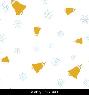 Golden bells and snowflake seamless pattern. Isolated on a white background. Vector illustration. Stock Vector