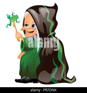 Old gray-haired witch in a black cloak eats with a fork frog isolated on white background. Sketch for a poster or card for holiday of all evil spirits Halloween. Vector cartoon close-up illustration. Stock Vector