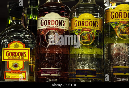 Kiev, Ukraine. 28th Sep, 2018. Gordon's dry gin bottles seen on the store shelf. Gordon's is a brand of London dry gin first produced in 1769. The top markets for Gordon's are the United Kingdom, the United States and Greece. Credit: Igor Golovniov/SOPA Images/ZUMA Wire/Alamy Live News Stock Photo