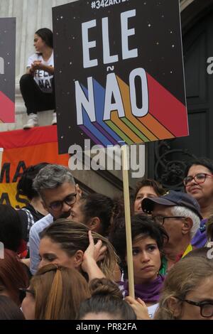 Rio de Janeiro, Brazil, September 29th 2018. Demonstration against right-wing presidential candidate Jair Bolsonaro in Rio de Janeiro, one of many nationwide protests today. A campaign named #EleNao (#NotHim) was initiated in social media by women against Bolsonaro's misogynist, racist and homophobic remarks. Credit: Maria Adelaide Silva/Alamy Live News Stock Photo
