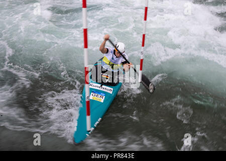 Rio De Janeiro, Brazil. 29th Sep, 2018. Lena Stoecklin of Germany competes during the women's canoe (C1) semifinal at the 2018 ICF Canoe Slalom world championships in Rio de Janeiro, Brazil, Sept. 29, 2018. Lena Stoecklin advanced to the final with 123.24 seconds. Credit: Li Ming/Xinhua/Alamy Live News Stock Photo