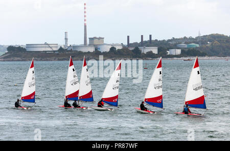 Crosshaven, Cork, Ireland. 30th September, 2018. Topper sailing dinghys from the Royal Cork Yacht Club out practicing in the harbour on a Sunday afternoon. Credit: David Creedon/Alamy Live News Stock Photo