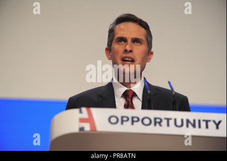 Birmingham, UK. 30th September, 2018.  Gavin Williamson MP, Secretary of State for Defence, delivers his speech to conference on the opening session of the first day of the Conservative Party annual conference at the ICC.  Kevin Hayes/Alamy Live News Stock Photo