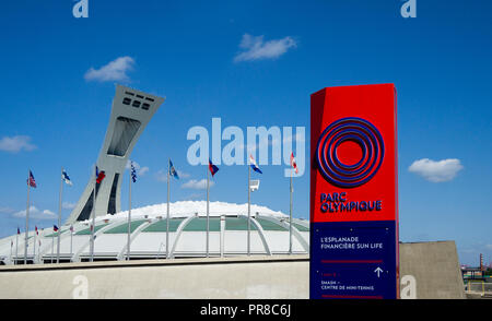 The Montreal Tower over the Olympic Stadium in Montreal, QC, Canada Stock Photo