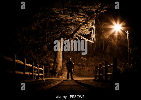 Night stalker concept. Man standing on wood bridge under street light in dark night Stock Photo